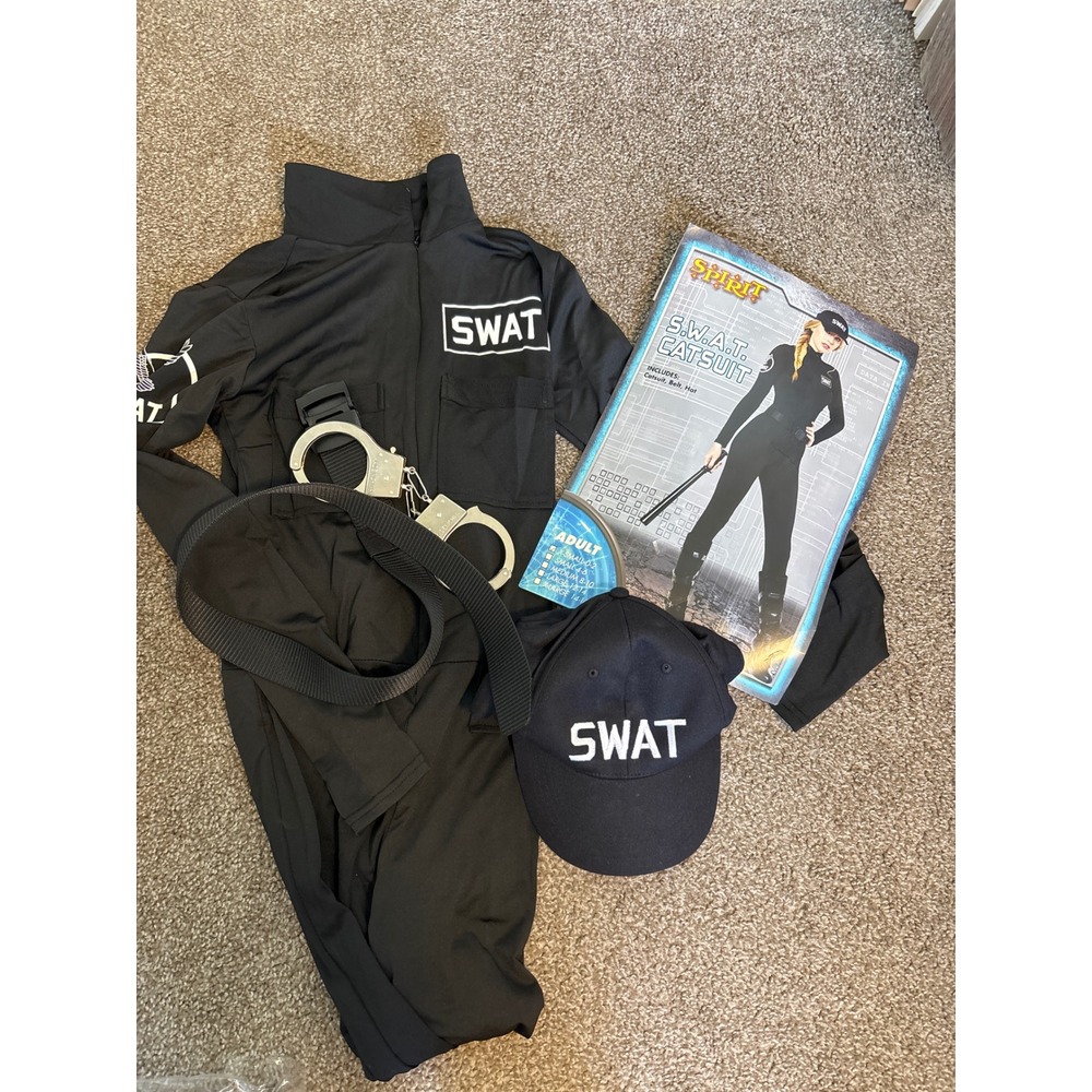 Spirit Halloween SWAT Catsuit Costume Womens Small Black Excellent Jumpsuit Hat